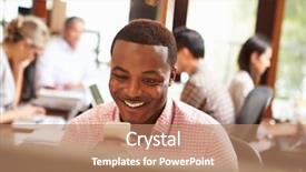  Presentation with desk - Presentation design featuring text message - businessman working at desk using background and a coral colored foreground