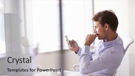  Presentation with phone - Colorful presentation enhanced with text message - casually dressed businessman using mobile backdrop and a light gray colored foreground