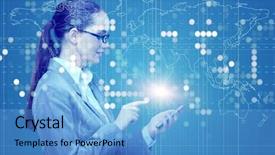  Presentation with mobile payment app business technology - Theme enhanced with text mining - businesswoman with mobile in business background and a teal colored foreground