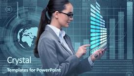  Presentation with mobile payment app business technology - Slide deck featuring text mining - businesswoman with mobile in business background and a ocean colored foreground