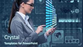  Presentation with concept - Colorful slide deck enhanced with text mining - businesswoman with mobile in business backdrop and a ocean colored foreground