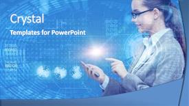  Presentation with mining - Beautiful PPT theme featuring text mining - businesswoman with mobile in business backdrop and a teal colored foreground
