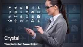  Presentation with concept - PPT theme with text mining - businesswoman with mobile in business background and a tawny brown colored foreground