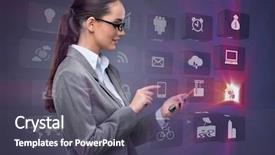  Presentation with mobile payment app business technology - Slides having text mining - businesswoman with mobile in business background and a dark gray colored foreground
