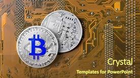  Presentation with bitcoins - Presentation theme with text miningand datamining - silver bitcoins on circuit board background and a tawny brown colored foreground