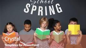  Presentation with children books - Amazing PPT theme having text school spring and children backdrop and a coral colored foreground