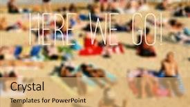  Presentation with spring break - Presentation enhanced with text spring break here we go and a blurred beach with many people bathing and sunbathing background and a coral colored foreground