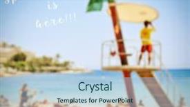  Presentation with spring break - Beautiful PPT layouts featuring text spring break is here on a blurred picture of a beach full of unrecognizable people sunbathing backdrop and a light blue colored foreground
