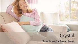  Presentation with lactation young woman breastfeeding - Colorful presentation design enhanced with textile - young woman with soft pillow backdrop and a mint green colored foreground