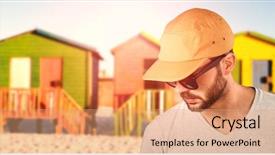  Presentation with clear - Audience pleasing slide set consisting of textile 3d - model wearing cap and sunglasses backdrop and a coral colored foreground