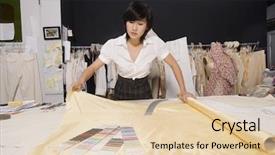  Presentation with fashion - Slide deck enhanced with textile business - fashion designer working at desk background and a lemonade colored foreground