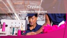  Presentation with foreman - Presentation theme with textile factory foreman helping young sewing machinist in clothing factory background and a coral colored foreground