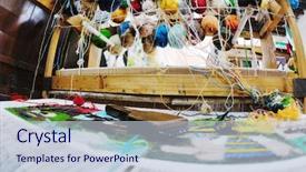  Presentation with old arabic - PPT theme with textile fibers spinning - old wooden machine for produce background and a lemonade colored foreground