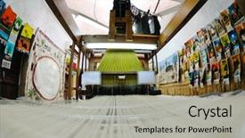  Presentation with old arabic - Audience pleasing PPT theme consisting of textile fibers spinning - old wooden machine for produce backdrop and a light gray colored foreground