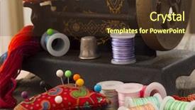  Presentation with sewing machine safety - Colorful presentation design enhanced with textile fibers spinning - sewing machine and threads backdrop and a tawny brown colored foreground