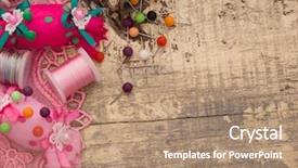  Presentation with instructional material - PPT theme featuring textile fibers spinning - sewing material on the table background and a coral colored foreground