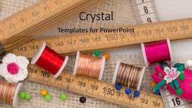  Presentation with instructional material - Cool new PPT layouts with textile fibers spinning - sewing material on the table backdrop and a coral colored foreground