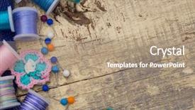  Presentation with sewing - Slide set consisting of textile fibers spinning - sewing material on the table background and a coral colored foreground