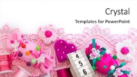  Presentation with spinning - PPT theme with textile fibers spinning - sewing material on the table background and a white colored foreground