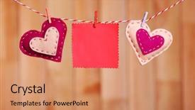  Presentation with textile - Beautiful PPT theme featuring textile hearts and empty sheet hanging on cord against wooden background backdrop and a coral colored foreground