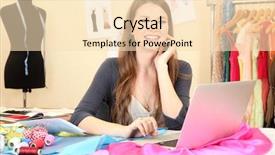  Presentation with beautiful young woman getting face - Beautiful PPT theme featuring textile industry - beautiful young dressmaker in workroom backdrop and a lemonade colored foreground