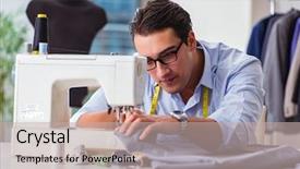  Presentation with lonely man new zealand tourists - Beautiful PPT theme featuring textile industry - young man tailor working backdrop and a mint green colored foreground