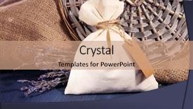  Presentation with lavender flowers - PPT layouts with wooden table on sackcloth background background and a coral colored foreground