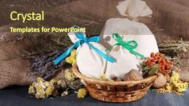  Presentation with textile - Audience pleasing presentation design consisting of textile sachet pouches with dried flowers herbs and berries on wooden table on sackcloth background backdrop and a tawny brown colored foreground