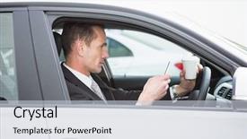  Presentation with coffee - PPT theme featuring texting driving - handsome businesswoman having a coffee background and a lemonade colored foreground