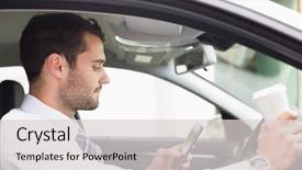  Presentation with coffee - Presentation theme featuring texting driving - young businessman having a coffee background and a light gray colored foreground
