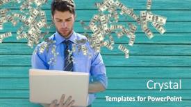  Presentation with money - Colorful presentation design enhanced with texting-money-young-businessman backdrop and a teal colored foreground