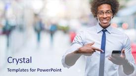  Presentation with african american in business - Presentation theme having texts - afro american business man texting background and a  colored foreground