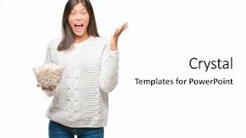  Presentation with woman hands raised to sky - Audience pleasing slides consisting of thai celebration - young asian woman eating popcorn backdrop and a white colored foreground