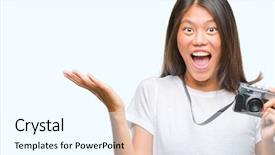  Presentation with holding hands - PPT theme consisting of thai celebration - young asian woman holding vintagera background and a cool aqua colored foreground