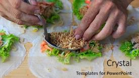  Presentation with market - Colorful presentation design enhanced with thai culture - man making spring rolls backdrop and a coral colored foreground