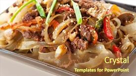  Presentation with thai culture - Slides featuring thai culture - noodles with fried beef mushrooms background and a tawny brown colored foreground