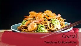 Presentation with shrimp - Colorful presentation theme enhanced with thai food - asian shrimp noodles backdrop and a red colored foreground