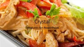  Presentation with thai food - PPT theme with thai food - noodles with fried pork background and a gold colored foreground