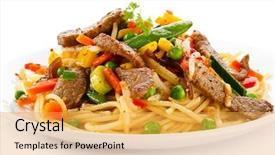  Presentation with fresh fruits vegetables dairy meat - Cool new presentation theme with thai food - pasta with meat and vegetables backdrop and a yellow colored foreground