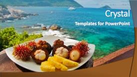  Presentation with thai food - PPT theme featuring thai food - plateful of exotic fruits background and a teal colored foreground