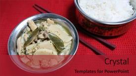  Presentation with curry leaves - Colorful PPT theme enhanced with thai green curry with chicken bamboo shoots kaffir lime leaves chopped coriander cilantro and peas in a coconut milk curry sauce served with a bowl of boiled basmati rice backdrop and a crimson colored foreground