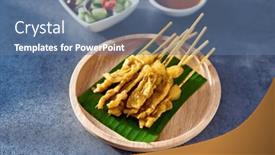  Presentation with sauces - Presentation design with thai-satay-skewers-with-grilled background and a ocean colored foreground