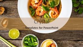  Presentation with thai - Slide set with thai-seafood-soup-on-wooden background and a gold colored foreground