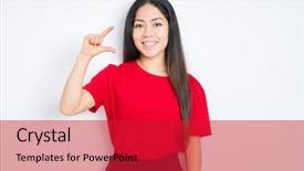  Presentation with fingers - Colorful presentation design enhanced with thai smile - beautiful brunette woman wearing red backdrop and a  colored foreground
