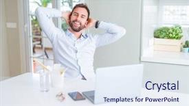  Presentation with asian food - Beautiful slide deck featuring thai smile - business man eating take away backdrop and a sky blue colored foreground