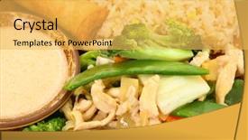  Presentation with napa - Colorful PPT theme enhanced with thai snow pea chicken with snow peas bamboo slices napa sauteed mushrooms with rice spring roll and coconut sauce close up backdrop and a yellow colored foreground