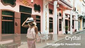  Presentation with city street - Slide set with thai style - boho girl walking background and a coral colored foreground