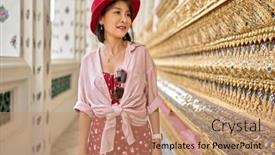  Presentation with thai temple - Presentation having thai-woman-enjoying-looking background and a coral colored foreground