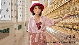 Presentation with thai temple - Presentation design with thai-woman-enjoying-looking background and a coral colored foreground