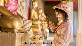  Presentation with thai temple - Theme with thai-woman-praying-and-making background and a coral colored foreground